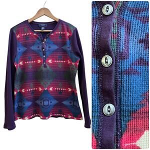 Chaps Denim Multicolor Aztec Southwest Print Waffle Long Sleeve Henley Top XL